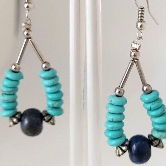 Vintage Boho Turquoise & Lapis Teardrop Earrings 2" Drop - Picture 1 of 5